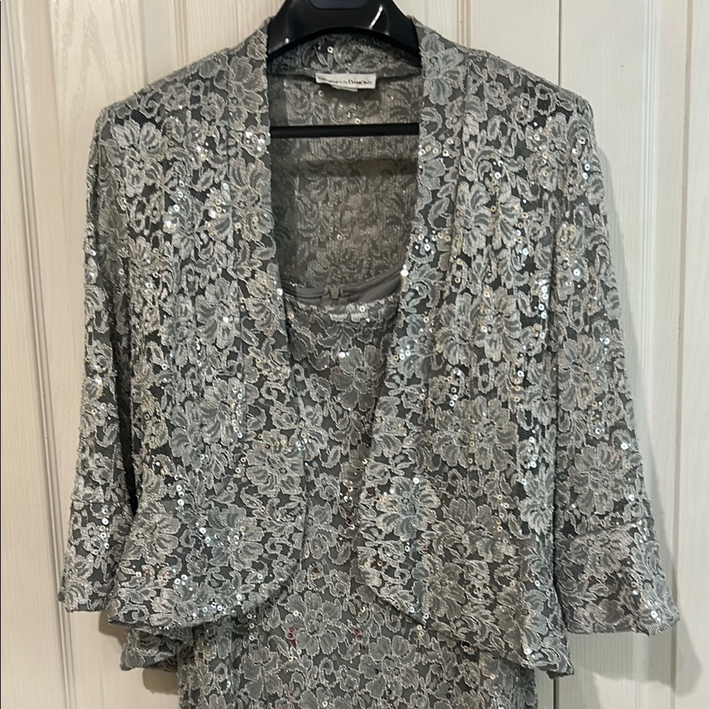 Silver Sequin Embellished Gown with Bell Sleeves